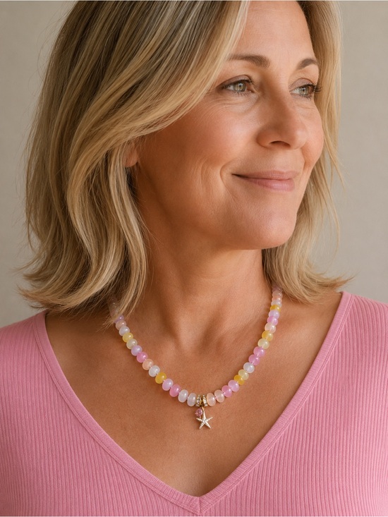 Jewelry - Handmade Pink & Yellow Beaded with Rondelle Gemstones Necklace with Starfish